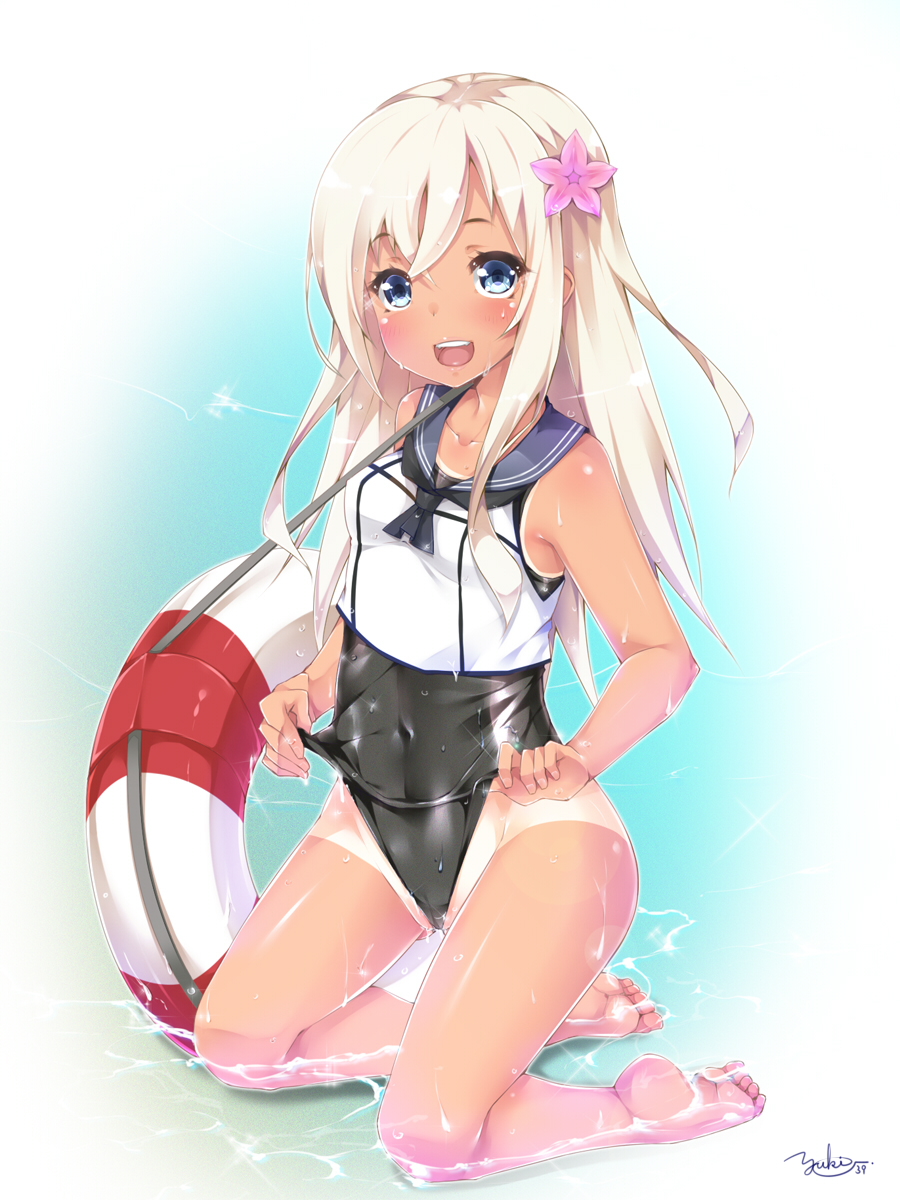 10s 1girl :d barefoot black_one-piece_swimsuit blonde_hair blue_eyes blush child covered_navel feet female_focus flower hair_flower hair_ornament highres kantai_collection kneeling long_hair one-piece_swimsuit open_mouth ro-500_(kancolle) school_swimsuit school_uniform serafuku signature smile solo swimsuit swimsuit_under_clothes tan tanline toes yukinon yukinon_(tsuki_koubou)