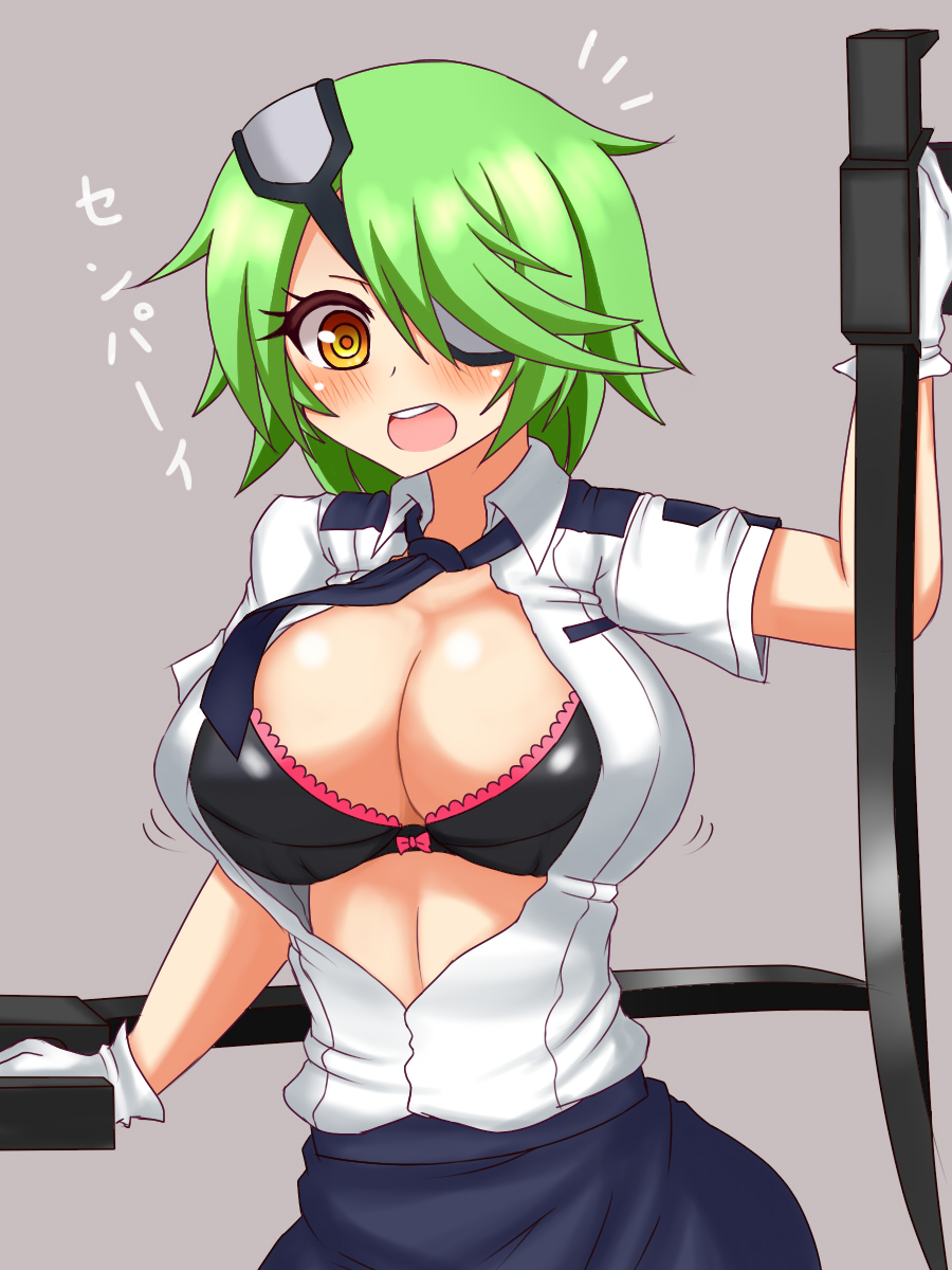 1girl bad_id bad_pixiv_id black_bra bladed_tonfa blush bra breasts bursting_breasts cleavage dual_wielding eyepatch female_focus gloves green_hair grey_background hair_ornament hair_over_one_eye haniwagi_(hal) highres holding impossible_clothes impossible_shirt large_breasts necktie open_clothes open_mouth open_shirt orange_eyes otonashi_kiruko pencil_skirt police police_uniform policewoman ringed_eyes shinmai_fukei_kiruko-san shirt short_hair simple_background skirt solo standing surprised sword tonfa underwear weapon white_gloves