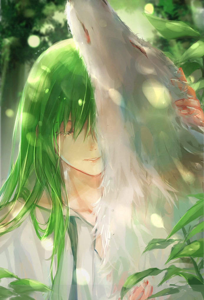 1other androgynous colored_eyelashes enkidu_(fate) closed_eyes fate/strange_fake fate_(series) fuurin green_hair green_theme long_hair headpat plant wolf wolf_(fate)