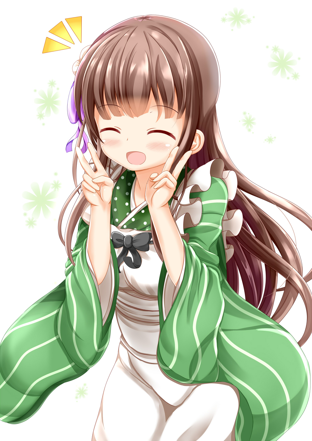 :d ^_^ ama_usa_an_uniform apron blunt_bangs blush breasts brown_hair closed_eyes commentary_request cowboy_shot double_v facing_viewer floral_background flower gochuumon_wa_usagi_desu_ka? green_kimono hair_flower hair_ornament highres japanese_clothes kimono leaning_forward long_hair long_sleeves maid_apron medium_breasts open_mouth polka_dot_trim purple_ribbon ribbon smile solo standing striped_clothes striped_kimono ujimatsu_chiya v white_apron white_background white_flower wide_sleeves xenon_(for_achieve)