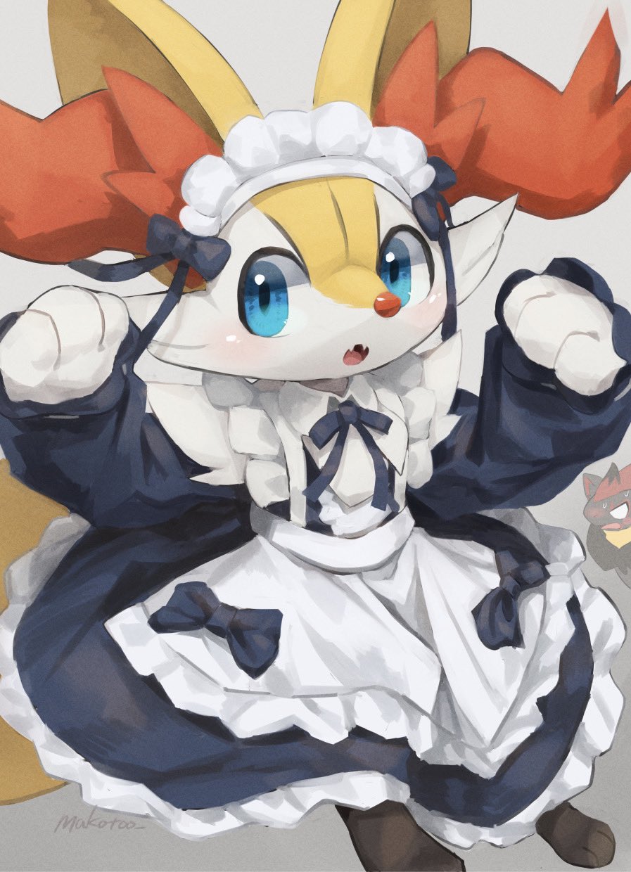 apron blue_eyes blush bow braixen creatures_(company) fang furry game_freak gen_5_pokemon gen_6_pokemon highres maid maid_apron maid_headdress makoto_ikemu nintendo open_mouth pokemon pokemon_(creature) ribbon sweat zoroark