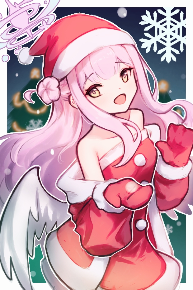 1girl alternate_costume angel_wings blue_archive christmas commentary dress english_commentary feathered_wings fur-trimmed_dress fur-trimmed_headwear fur_trim gloves hair_bun halo hat long_hair low_wings mika_(blue_archive) pink_hair pink_halo red_hat santa_costume santa_dress santa_gloves santa_hat single_side_bun smile solo undreaming white_wings wings