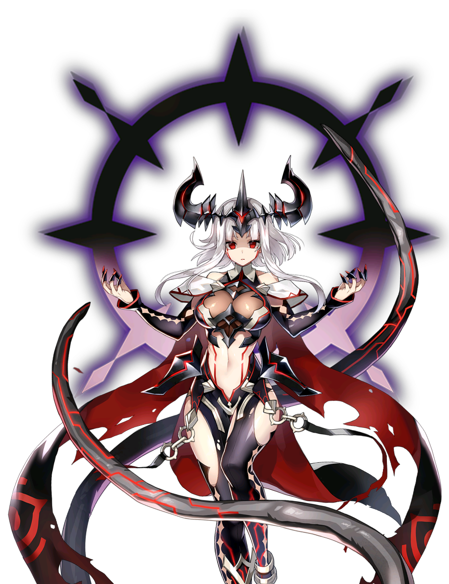 1girl archdevil&#039;s_shadow_(epic_seven) bare_shoulders black_leggings breasts cape dark_persona demon_horns detached_sleeves empty_eyes epic_seven hip_vent horns large_breasts leggings looking_at_viewer medium_hair mercedes_(epic_seven) midriff navel official_alternate_costume official_art red_eyes white_hair