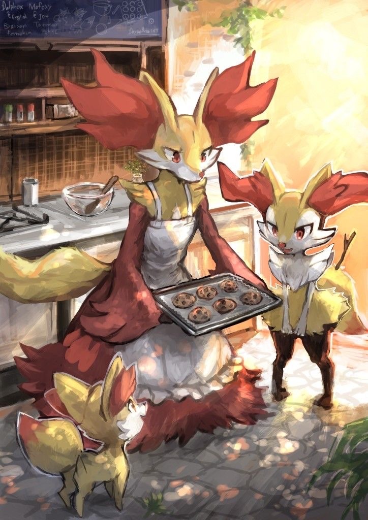 apron bowl braixen clothed_pokemon cookie creatures_(company) delphox evolutionary_line fennekin food furry game_freak gen_6_pokemon holding kitchen nintendo open_mouth orange_eyes pokemon pokemon_(creature) smile smileshinnshi standing stick