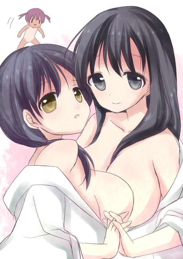 3girls breast_press breasts iwato_kasumi jindai_komaki large_breasts long_hair looking_back multiple_girls nobutake_(nobu0) nude saki_(manga) smile symmetrical_docking tan tanline usuzumi_hatsumi yuri