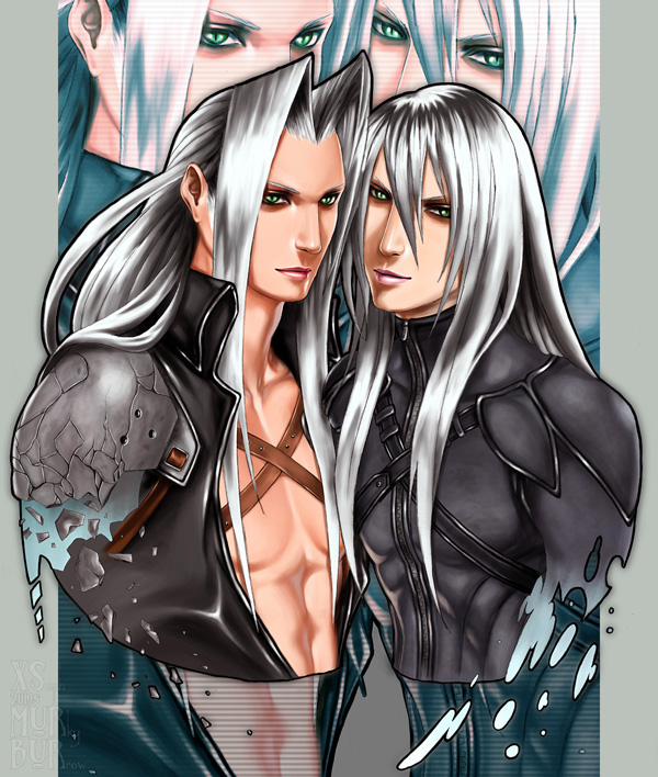 1990s_(style) 2boys final_fantasy final_fantasy_vii green_eyes leather long_hair male_focus multiple_boys muscular sephiroth silver_hair skin_tight yazoo