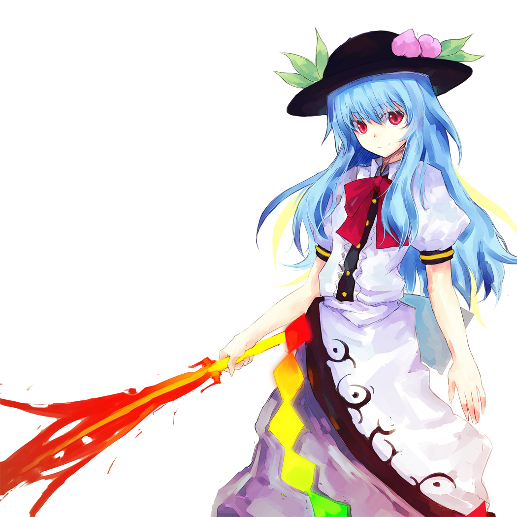 1girl asagi_(kabocha_oukoku) asagi_shii bad_id bad_pixiv_id blue_hair female_focus food fruit hat hinanawi_tenshi hisago_(pixiv) peach red_eyes solo sword sword_of_hisou touhou weapon