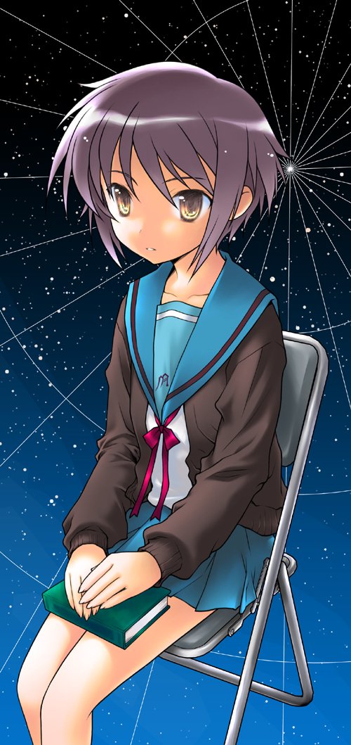 1girl blue_sailor_collar book cardigan chair commentary_request expressionless flat_chest folding_chair grey_hair kita_high_school_uniform kurosu_tsugutoshi looking_to_the_side nagato_yuki own_hands_together sailor_collar school_uniform short_hair sitting skirt sky solo star_(sky) starry_sky suzumiya_haruhi_no_yuuutsu yellow_eyes