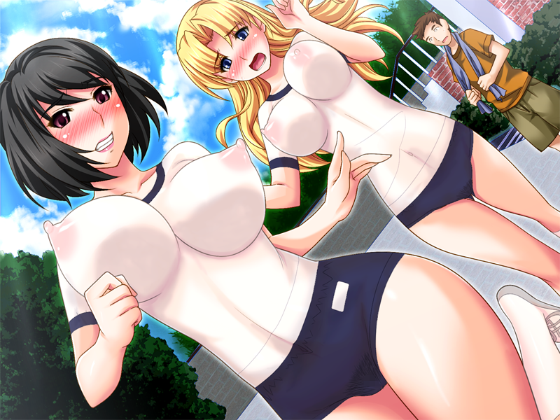 1boy 2girls black_hair blonde_hair bodypaint breasts buruma large_breasts multiple_girls nipples painted_clothes rakujin running saimin_shuuchi_roshutsu_2 see-through_clothes staring will_tame