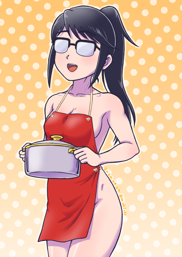 1girl apron dated glasses holding_cooking_pot houkago_teibou_nisshi mochi-iri_kinchaku naked_apron oono_makoto opaque_glasses open_mouth over-rim_eyewear polka_dot polka_dot_background ponytail semi-rimless_eyewear signature smile solo