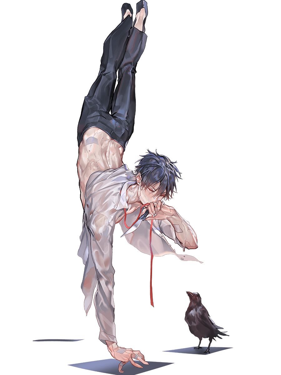 1boy balancing bird black_hair black_pants claude_fermat closed_eyes crow hand_to_own_mouth handstand highres jewelry knife leenim lord_of_dice male_focus official_art one_arm_handstand open_clothes open_shirt pants ribbon ring solo sweat transparent_background wet