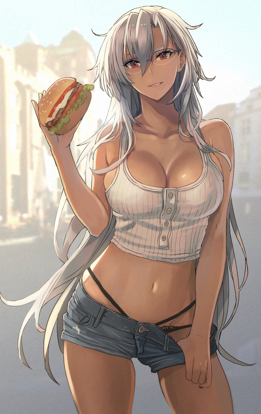 1girl alternate_costume black_panties breasts brown_eyes building burger city collarbone commentary crop_top dark-skinned_female dark_skin day food glasses hair_between_eyes highres holding holding_food kantai_collection kasumi_(skchkko) large_breasts light_brown_hair long_hair looking_at_viewer messy_hair musashi_(kancolle) outdoors panties pointy_hair rectangular_eyewear shirt short_shorts shorts sleeveless sleeveless_shirt solo underwear