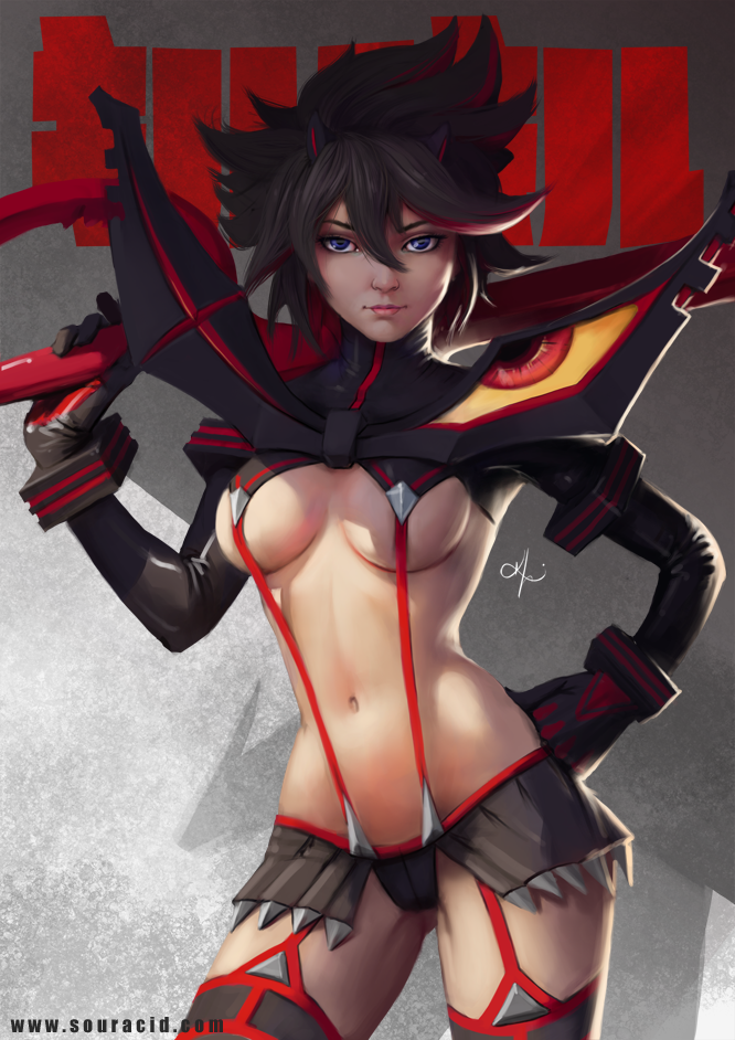 10s 1girl black_hair blue_eyes breasts female_focus gradient_background karl_liversidge kill_la_kill looking_at_viewer matoi_ryuuko multicolored_hair navel revealing_clothes scissor_blade_(kill_la_kill) senketsu short_hair solo souracid standing suspenders two-tone_hair underboob