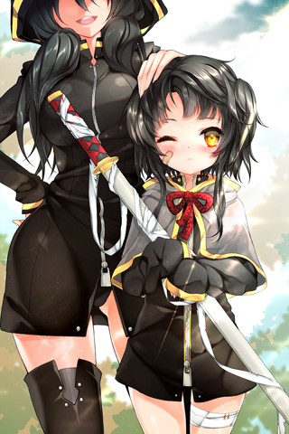 2girls black_hair faceless gradient_background juna lowres multiple_girls one_eye_closed sita_vilosa sword_girls yellow_eyes