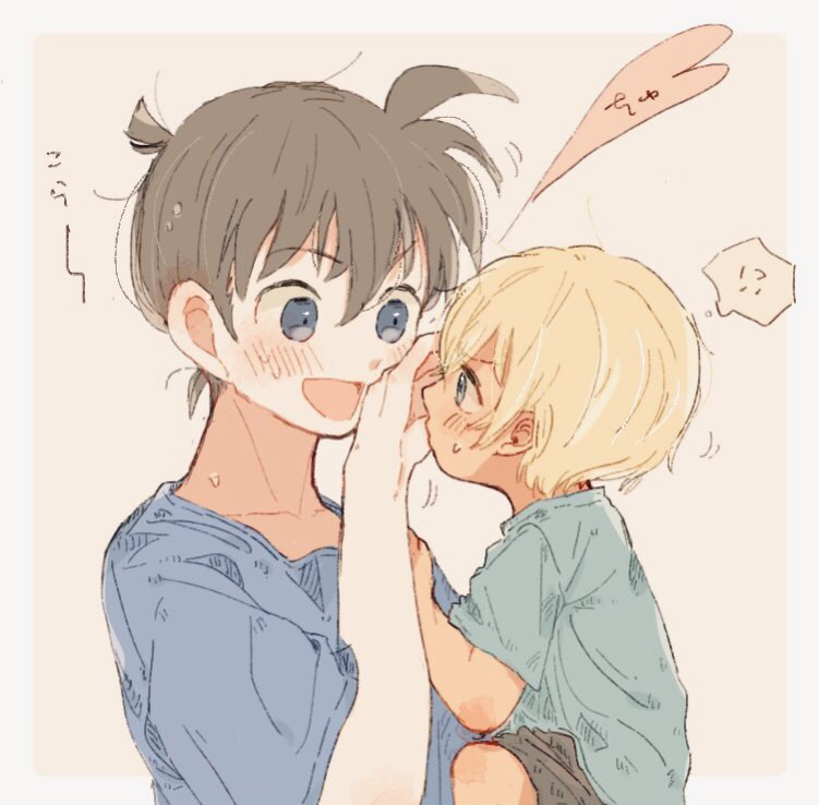 !? 2boys age_difference age_switch aged_down aged_up amuro_tooru blonde_hair blue_shirt blush brown_hair collarbone heart-shaped_speech_bubble kudou_shin&#039;ichi male_focus meitantei_conan multiple_boys open_mouth rejected_kiss shirt short_sleeves side127 speech_bubble translation_request yaoi