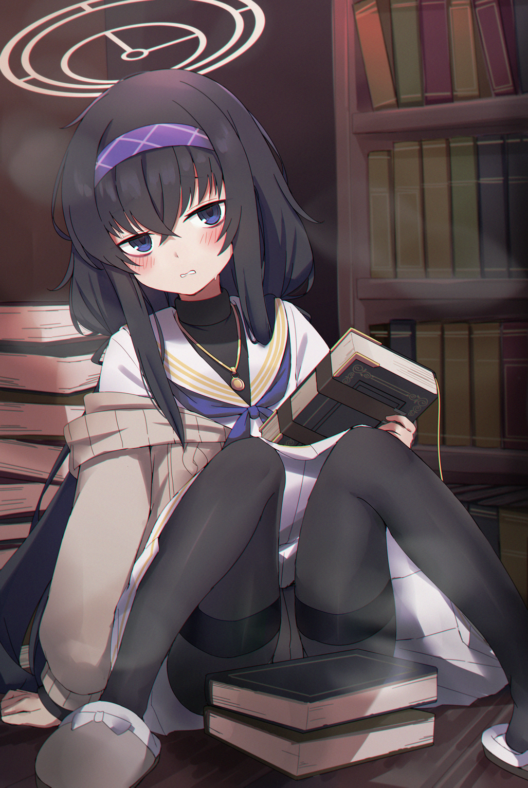 1girl bags_under_eyes black_hair black_pantyhose blue_archive blue_eyes blue_neckerchief blush book book_stack bookshelf brown_cardigan cardigan clenched_teeth foot_out_of_frame hair_between_eyes hairband halo highres holding holding_book knees_up kure_(kure_ng) long_hair long_sleeves looking_at_viewer neckerchief panties panties_under_pantyhose pantyhose purple_hairband sailor_collar sitting slippers solo spread_legs teeth ui_(blue_archive) underwear very_long_hair white_panties white_sailor_collar