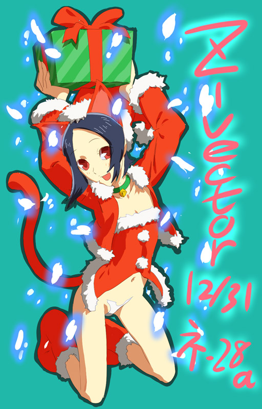 00s 1girl animal_ears aqua_background c-string cat_ears cat_tail christmas female_focus hat kaminogi_haruka long_sleeves nadeara_bukichi neck_bell noein outline santa_costume santa_hat solo strapless_bottom tail