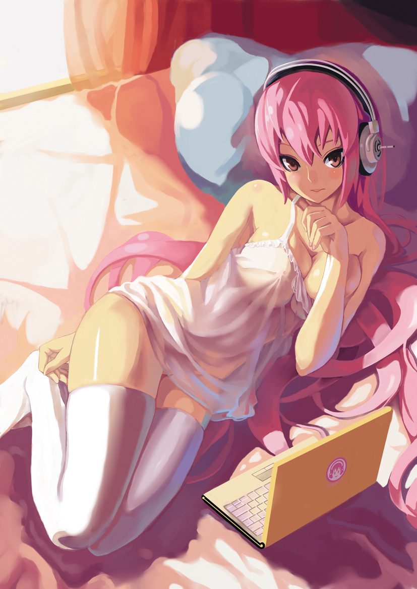 1girl bare_shoulders bed bedroom breasts breasts_squeezed_together cleavage computer female_focus headphones laptop large_breasts legs lingerie long_hair long_legs looking_at_viewer lying madyy negligee nitroplus no_panties on_bed on_side pillow pink_eyes pink_hair see-through_clothes skindentation solo strap_slip super_sonico thighhighs thighs underwear underwear_only very_long_hair white_thighhighs