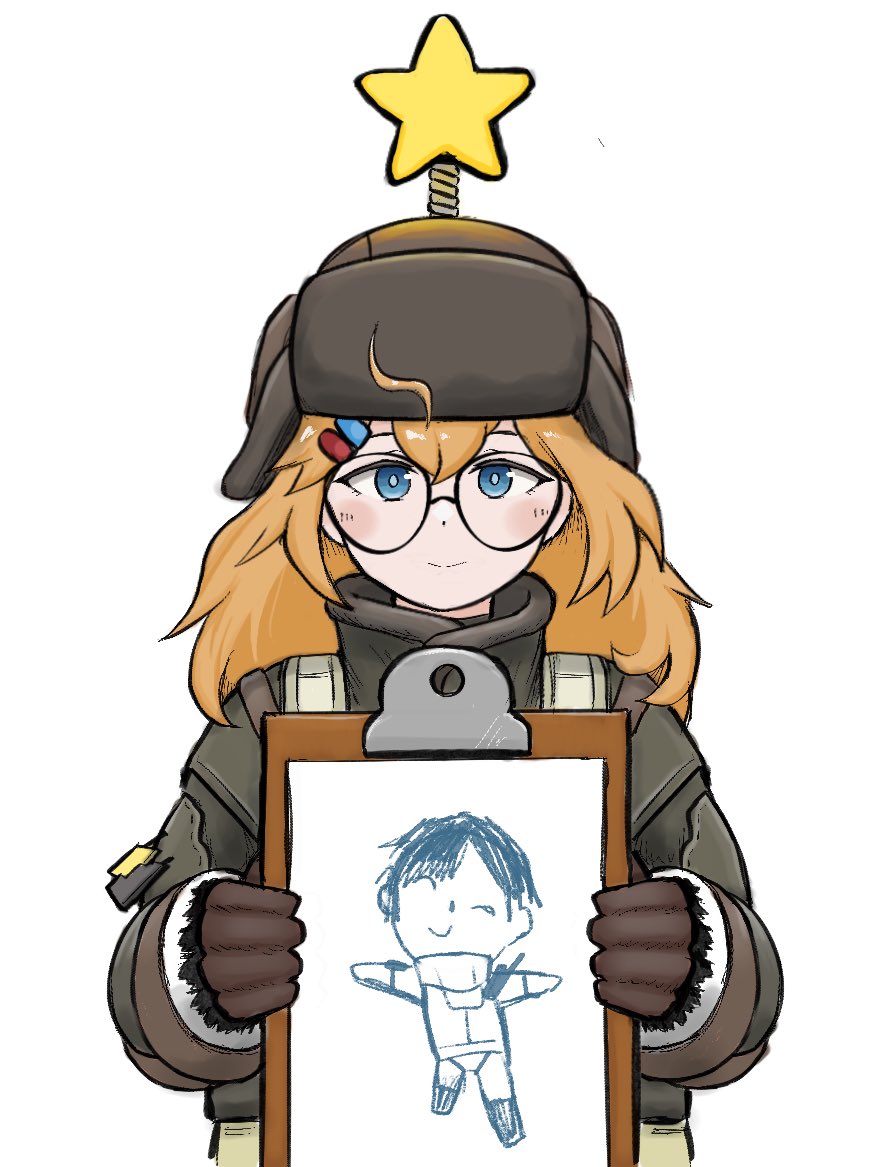 1boy 1girl ahoge black_gloves blue_archive blue_eyes blush chibi chibi_inset commander_(girls&#039;_frontline) doodle_sensei_(blue_archive) drawing_(object) fluffy_hair girls&#039;_frontline girls&#039;_frontline_2:_exilium glasses gloves hat hat_ornament holding holding_drawing littara_(girls&#039;_frontline_2) long_hair looking_at_viewer orange_hair sensei_(blue_archive) smile star_(symbol) star_hat_ornament wkp_(girls&#039;_frontline) zzorainov