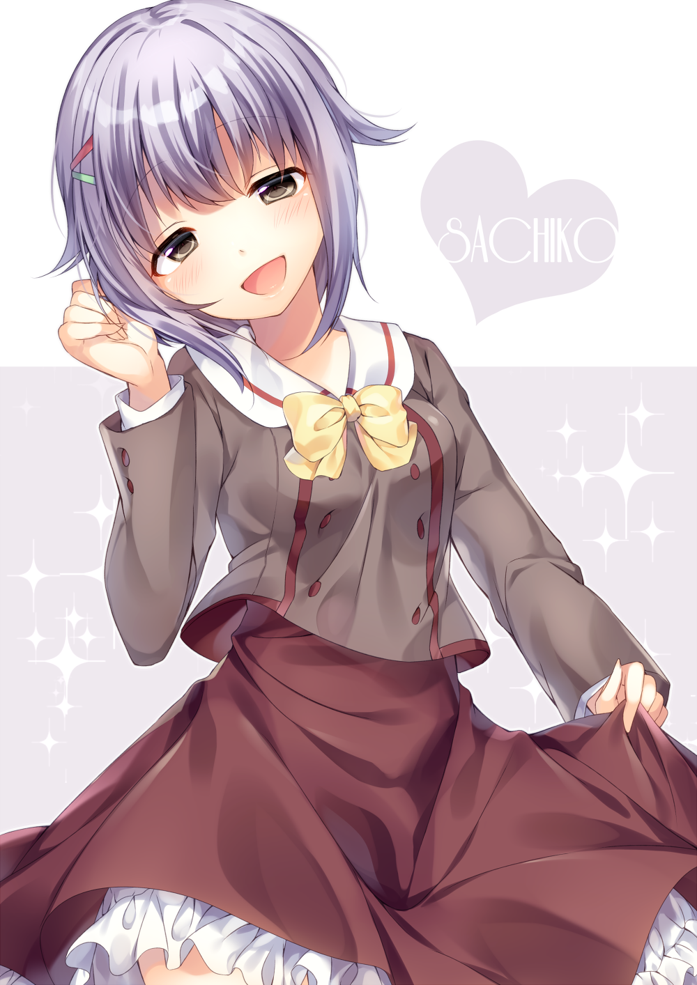 10s 1girl :d brown_eyes female_focus hair_ornament hairclip highres idolmaster idolmaster_cinderella_girls koshimizu_sachiko ntk_(7t5) open_mouth purple_hair short_hair smile solo