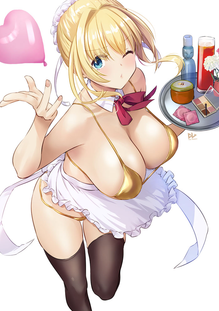 1girl ;o apron bare_shoulders bikini black_thighhighs blonde_hair blowing_kiss blue_eyes blush bottle bow bowtie breasts bun_cover cleavage collarbone condom condom_wrapper detached_collar frilled_apron frills gold_bikini hair_bun holding holding_tray large_breasts looking_at_viewer lube nakajima_yuka navel one_eye_closed open_mouth original puckered_lips ramune red_bow red_bowtie satin_bikini shiny_swimsuit simple_background single_hair_bun single_side_bun solo swimsuit thighhighs tray waist_apron white_apron white_background yellow_bikini