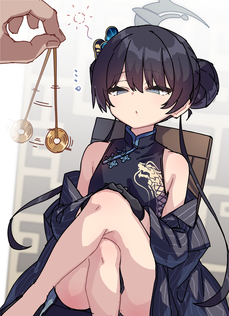 1boy 1girl bare_shoulders black_gloves black_hair blazer blue_archive blue_eyes blush chair china_dress chinese_clothes coin coin_on_string crossed_legs dragon_print dress empty_eyes flat_chest gloves hair_bun halo highres jacket kisaki_(blue_archive) lolikaku long_hair off_shoulder parted_lips single_hair_bun sitting twintails