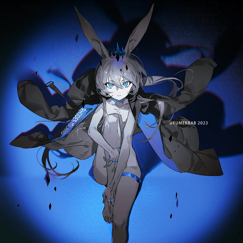 1girl amiya_(arknights) animal_ears arknights blue_background blue_eyes blue_theme brown_hair choker closed_mouth crown infection_monitor_(arknights) jacket jewelry knee_up krab_(fumekrab) long_sleeves looking_at_viewer multiple_rings naked_jacket ponytail rabbit_ears ring sidelocks sitting solo spotlight thighlet