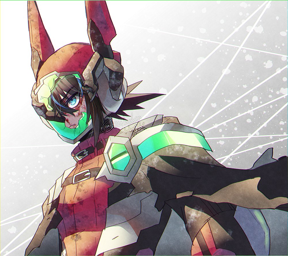 1boy black_cape black_hair blaster_master_zero blood blood_on_face blue_eyes blue_hair bodysuit broken_helmet cape green-tinted_eyewear hair_between_eyes helmet jason_frudnick male_focus medium_hair red_bodysuit red_helmet solo spiked_hair tinted_eyewear upper_body zukoko_rkgk