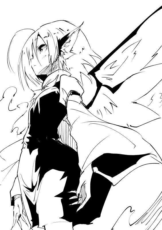 1girl ahoge animal_ears bird_ears bird_wings blush closed_mouth cowboy_shot dress fingernails greyscale hair_between_eyes kuroneko_no_toorimichi long_fingernails long_sleeves monochrome mystia_lorelei no_headwear sharp_fingernails short_hair simple_background sketch solo touhou white_background wide_sleeves wings