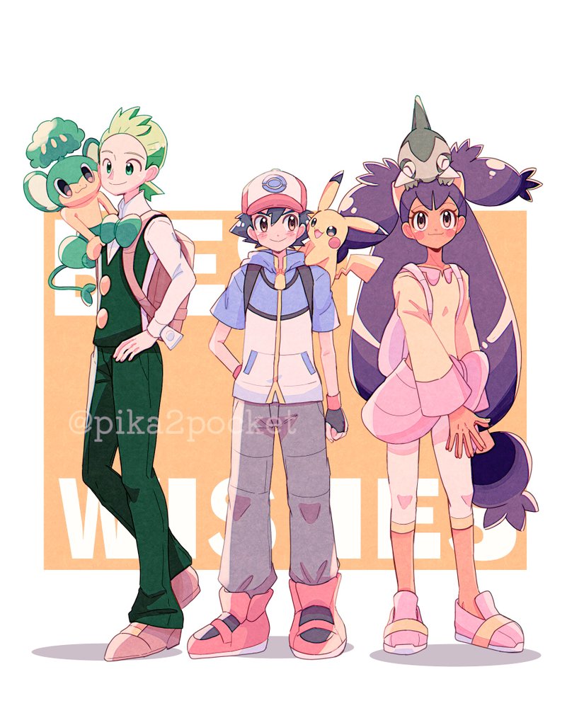 1girl 2boys ash_ketchum axew backpack bag black_hair blush bow bowtie brown_eyes cilan_(pokemon) closed_eyes commentary_request creatures_(company) game_freak gen_1_pokemon gen_5_pokemon green_eyes green_hair hair_ornament iris_(pokemon) jacket long_hair long_sleeves looking_up multiple_boys nintendo pansage pants pika2pocket pikachu pokemon pokemon_(anime) pokemon_(creature) pokemon_bw_(anime) ponytail purple_hair shoes short_sleeves smile standing twintails very_long_hair vest