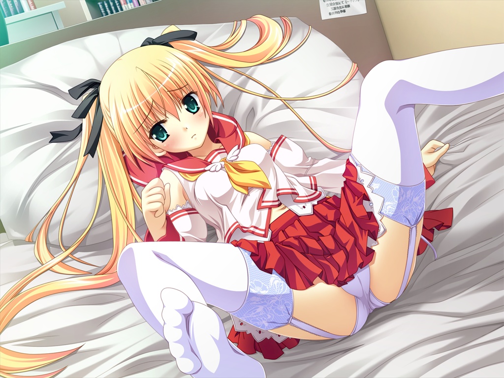 1girl aqua_eyes bed blonde_hair blush circus_(studio) detached_sleeves feet female_focus garter_belt green_eyes hair_ribbon lace lace-trimmed_legwear lace_trim legs legs_up lying on_back on_bed panties ribbon rpg_gakuen school_uniform serafuku side-tie_panties skirt smile solo spread_legs stella_fitzgerald thighhighs twintails underwear white_panties white_thighhighs