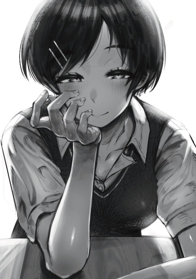 1girl arm_rest blush breasts collarbone collared_shirt commentary_request dress_shirt futsuu_no_keion-bu hair_ornament hairpin half-closed_eyes hand_on_own_chin head_rest kouyama_rin looking_at_viewer medium_breasts pixie_cut shirt short_hair short_sleeves simple_background smile solo sweater_vest swept_bangs todakenji upper_body white_background