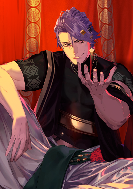 1boy beard duryodhana_(fate) earrings facial_hair fate/grand_order fate_(series) jewelry looking_at_viewer male_focus muscular official_art pako_(pakosun) purple_hair red_background smile