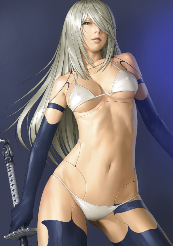 1girl a2_(nier:automata) android bikini black_gloves breasts covered_erect_nipples elbow_gloves gloves hair_over_one_eye holding holding_sword holding_weapon joints katana long_hair mole mole_under_mouth navel nier:automata nier_(series) pink_lips revision robot_joints swimsuit sword watanabe_yasuaki weapon white_hair