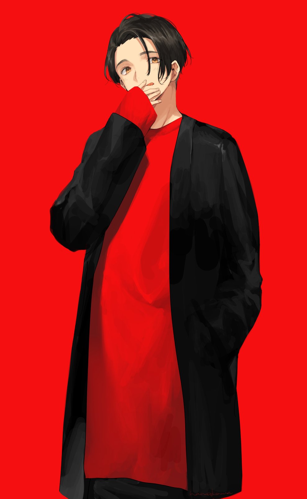 1boy bad_id bad_twitter_id black_coat black_hair brown_eyes coat cowboy_shot hand_in_pocket hand_to_own_mouth hand_up highres long_shirt long_sleeves looking_at_viewer male_focus namakawa original red_background red_shirt red_theme shadow shirt short_hair simple_background sleeves_past_wrists solo tongue tongue_out