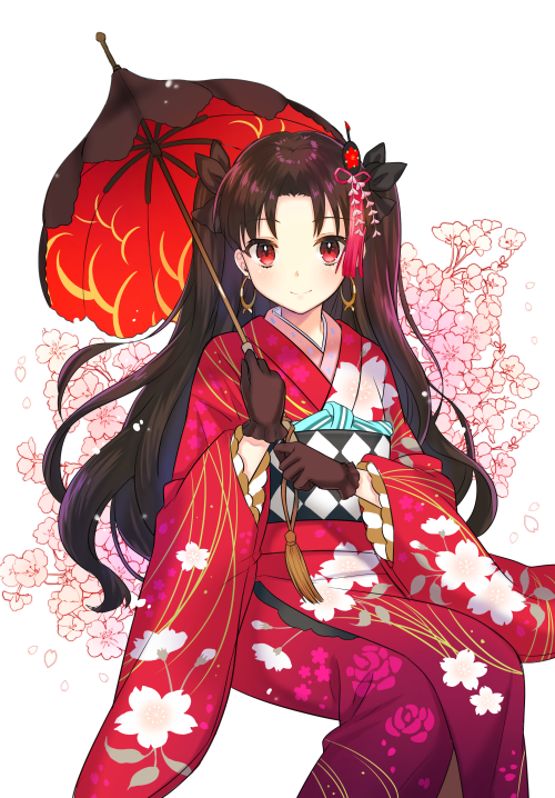 1girl alternate_costume black_gloves black_hair black_ribbon c: cherry_blossoms closed_mouth earrings fate/grand_order fate_(series) female_focus floral_background floral_print flower gloves hair_flower hair_ornament hair_ribbon hands_up himaya holding holding_umbrella hoop_earrings invisible_chair ishtar_(fate) ishtar_(formal_dress)_(fate) japanese_clothes jewelry kimono long_hair long_sleeves looking_at_viewer neck obi oil-paper_umbrella parted_bangs red_eyes red_kimono ribbon sash sitting smile solo tohsaka_rin two_side_up type-moon umbrella very_long_hair white_background wide_sleeves