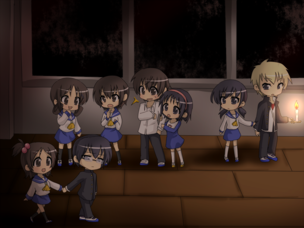 3boys 5girls :3 black_eyes black_hair black_legwear blonde_hair brown_eyes brown_hair candle chibi corpse_party curly_hair glasses hair_bobbles hair_ornament hairband holding_hands indoors kishinuma_yoshiki kurageu long_hair mochida_satoshi mochida_yuka morishige_sakutarou multiple_boys multiple_girls nakashima_naomi open_mouth school_dress school_uniform shinohara_seiko shinozaki_ayumi shoes short_hair short_twintails smile suzumoto_mayu sweatdrop twintails uwabaki white_legwear