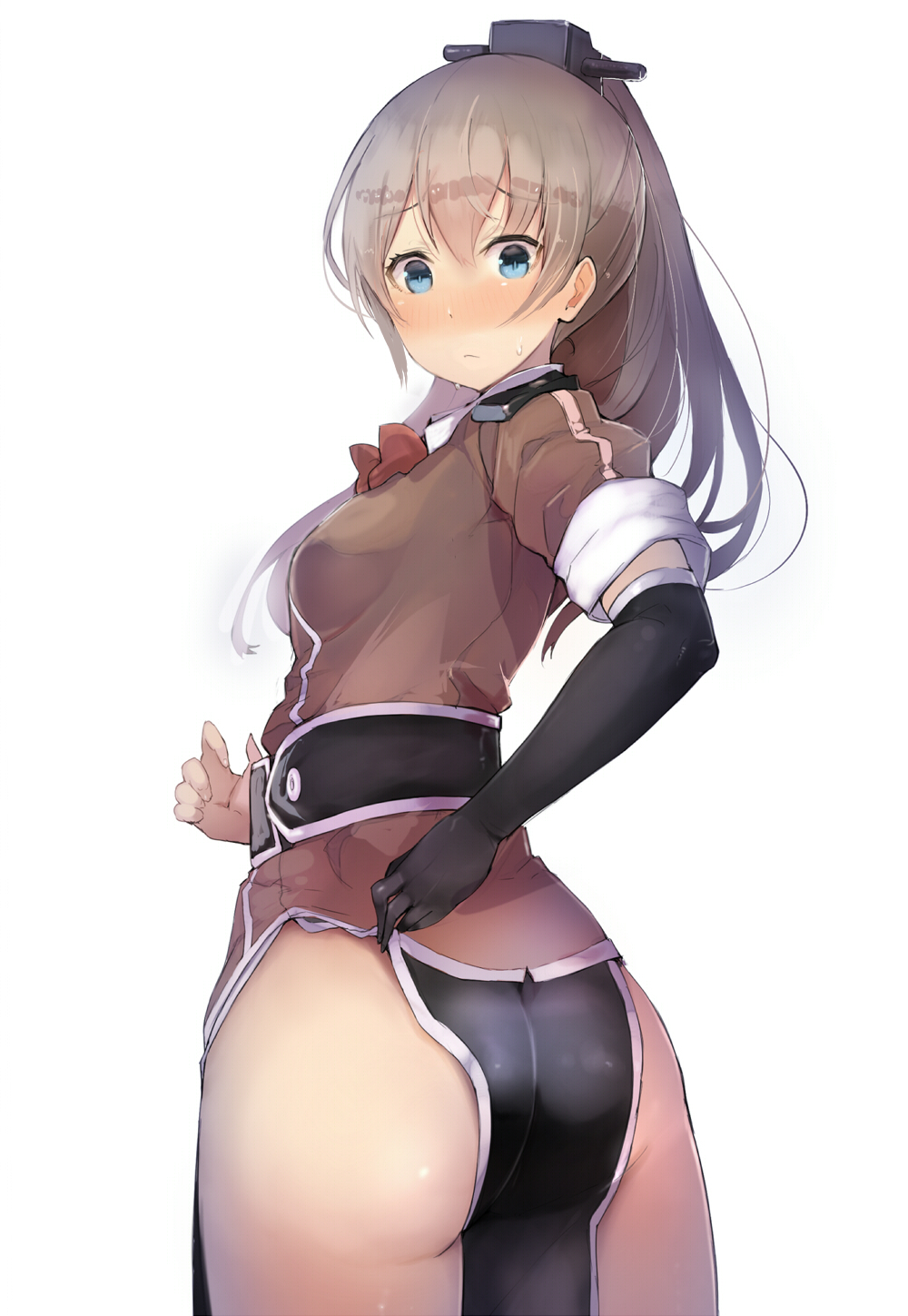 10s 1girl adapted_costume alternate_costume ass bad_anatomy blue_eyes blush brown_hair cosplay female_focus hair_ornament highres kantai_collection kumano_(kancolle) long_hair pelvic_curtain ponytail remodel_(kantai_collection) ribbon school_uniform side_slit simple_background skirt solo sumisu_(mondo) tone_(kancolle) tone_(kantai_collection)_(cosplay) white_background