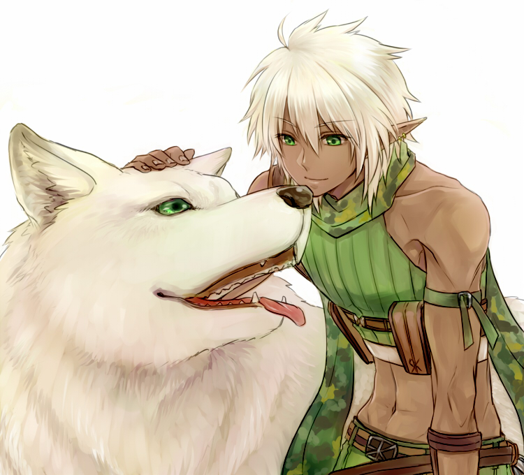 1boy belt brown_belt camouflage_scarf closed_mouth commentary_request crop_top dark-skinned_male dark_skin earrings green_eyes green_shirt green_shorts hair_between_eyes headpat jewelry looking_at_animal male_focus midriff misuguu navel pointy_ears pouch ragnarok_online ranger_(ragnarok_online) shirt short_hair shorts simple_background sleeveless sleeveless_shirt smile upper_body white_background white_hair wolf