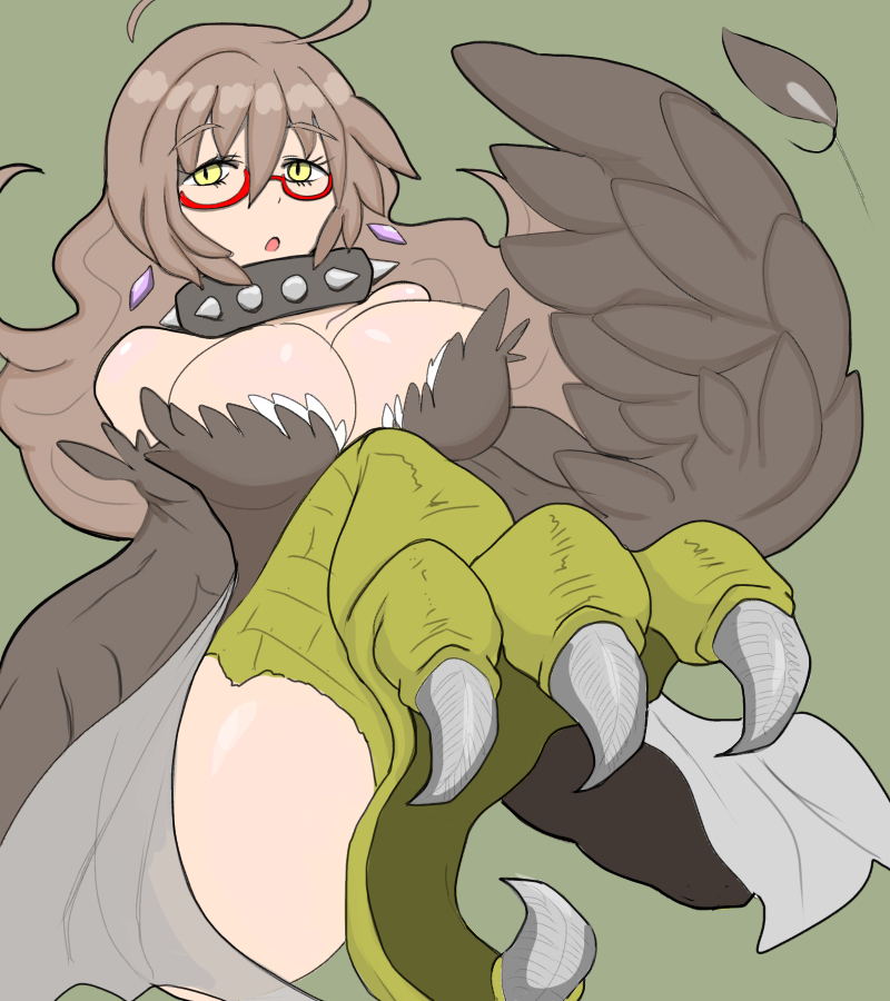 1girl ahoge bird_legs breasts brown_feathers brown_hair brown_wings cleavage collar commentary_request earrings feathered_wings feathers floating_earring green_background hair_between_eyes harpy jewelry large_breasts long_hair monster_girl open_mouth original red-framed_eyewear semi-rimless_eyewear solo spiked_collar spikes takekoma talons under-rim_eyewear winged_arms wings yellow_eyes