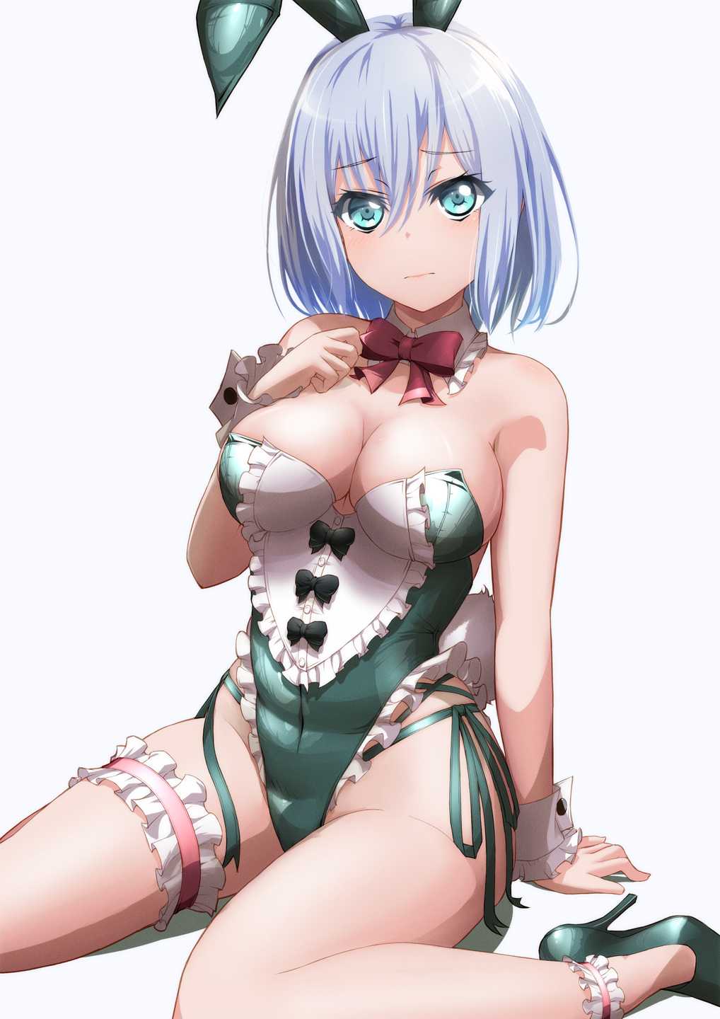 1girl animal_ears ankle_garter aqua_eyes arm_at_side bang_dream! bare_arms bare_shoulders bow bowtie breasts bridal_garter buttons cleavage closed_mouth commentary_request covered_navel detached_collar fake_animal_ears fake_tail frilled_leotard frills green_bow green_footwear green_leotard green_panties grey_background grey_hair groin hair_between_eyes hand_on_own_chest hand_up high_heels highleg highleg_leotard highres hiraken knees_out_of_frame kurata_mashiro leotard light_blush looking_at_viewer medium_breasts panties playboy_bunny pumps rabbit_ears rabbit_tail raised_eyebrow red_bow red_bowtie shoes short_hair side-tie_panties side-tie_peek simple_background sitting solo stiletto_heels strapless strapless_leotard string_panties tail underwear wariza wrist_cuffs