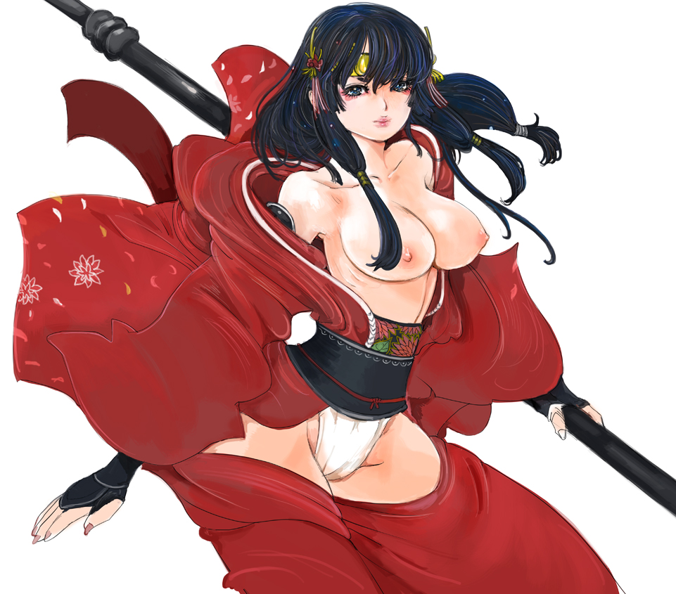 1girl black_hair breasts female_focus fingerless_gloves fundoshi gloves hair_ornament hair_tubes japanese_clothes kazaana large_breasts lips long_hair nipples simple_background solo topless white_background