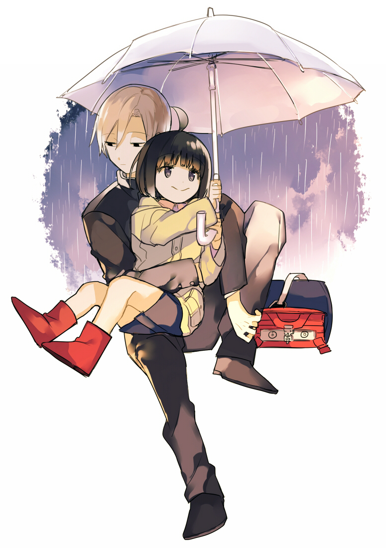 10s 1girl aged_down amatori_chika amatori_rinji backpack bag black_eyes black_footwear black_hair black_jacket black_pants blonde_hair boots brother_and_sister closed_mouth full_body gakuran holding holding_umbrella hug hug_from_behind jacket kuragesaki long_sleeves looking_away looking_to_the_side looking_up pants raincoat randoseru red_footwear school_bag school_uniform shade shoes short_hair siblings sitting sitting_on_lap sitting_on_person skirt smile umbrella unworn_backpack unworn_bag white_background world_trigger