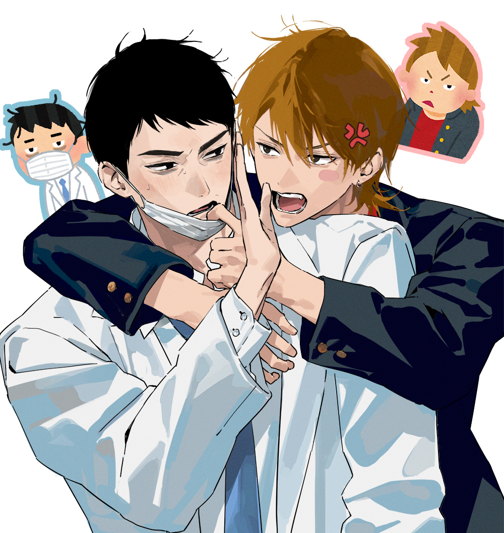 2boys angry arm_up arms_around_neck bags_under_eyes black_coat black_hair blue_necktie brown_hair buttoned_cuffs buttons chanoo_artz coat commentary doctor eye_contact gakuran hair_behind_ear hair_between_eyes hashtag-only_commentary irasutoya irasutoya_challenge looking_at_another male_focus mask mask_pull mouth_mask multiple_boys necktie open_mouth reference_inset school_uniform short_hair simple_background sleeve_cuffs teeth upper_body white_background white_coat