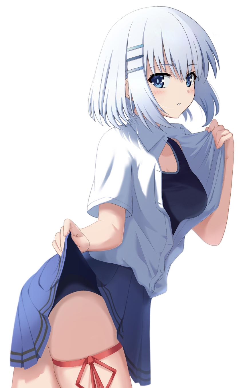 1girl blue_eyes blue_skirt breasts date_a_live hair_ornament hairpin highres leg_ribbon lime_ill_10 looking_at_viewer medium_breasts pleated_skirt ribbon shirt short_hair skirt solo thigh_ribbon tobiichi_origami undershirt white_hair white_shirt