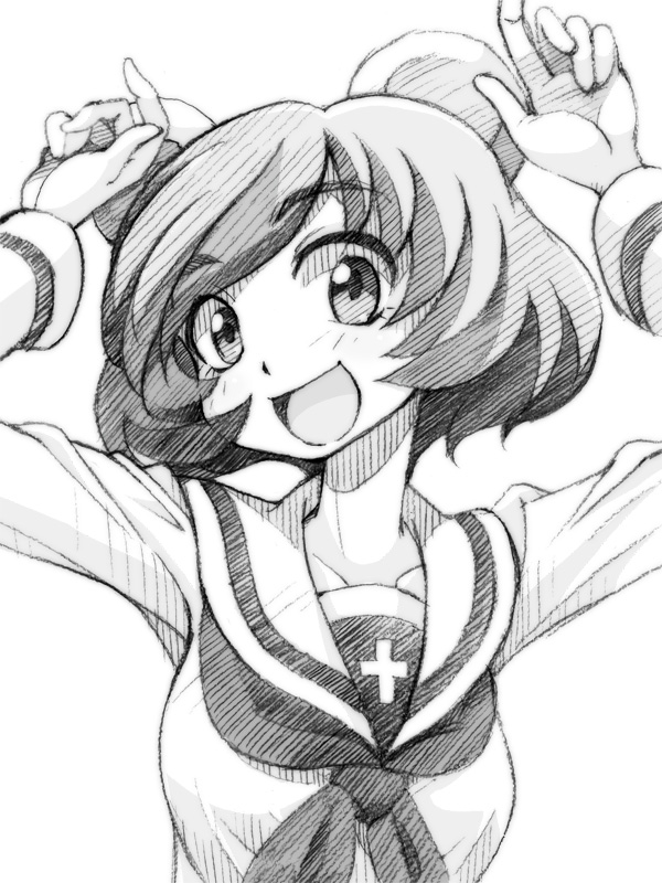 10s 1girl :d akiyama_yukari animal_ears commentary_request coupy_pencil_(medium) female_focus girls_und_panzer gofu greyscale looking_at_viewer monochrome ooarai_school_uniform open_mouth school_uniform short_hair sketch smile solo traditional_media