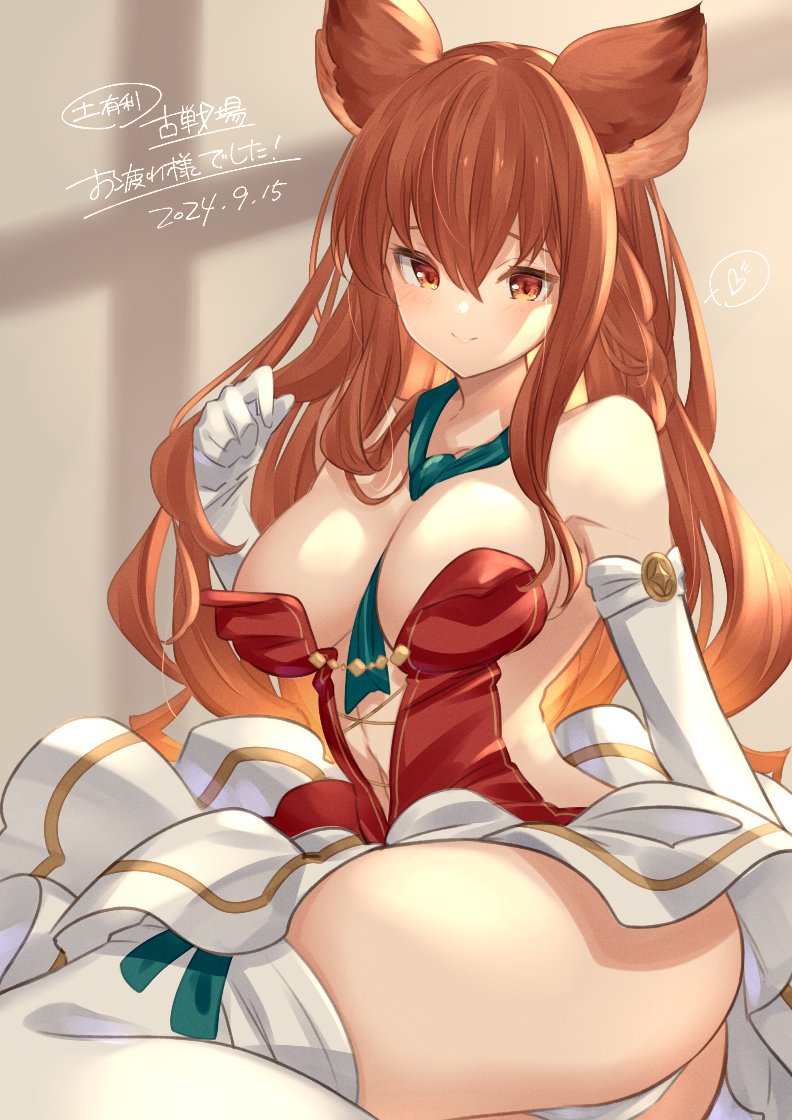 1girl anthuria anthuria_(holiday)_(granblue_fantasy) backless_dress backless_outfit breasts cleavage dress elbow_gloves erune gloves gradient_hair granblue_fantasy green_neckerchief hair_down long_hair medium_breasts multicolored_hair neckerchief official_alternate_costume panties pochi-a red_dress red_eyes red_hair sideless_outfit solo strapless strapless_dress thighhighs underwear white_panties white_thighhighs