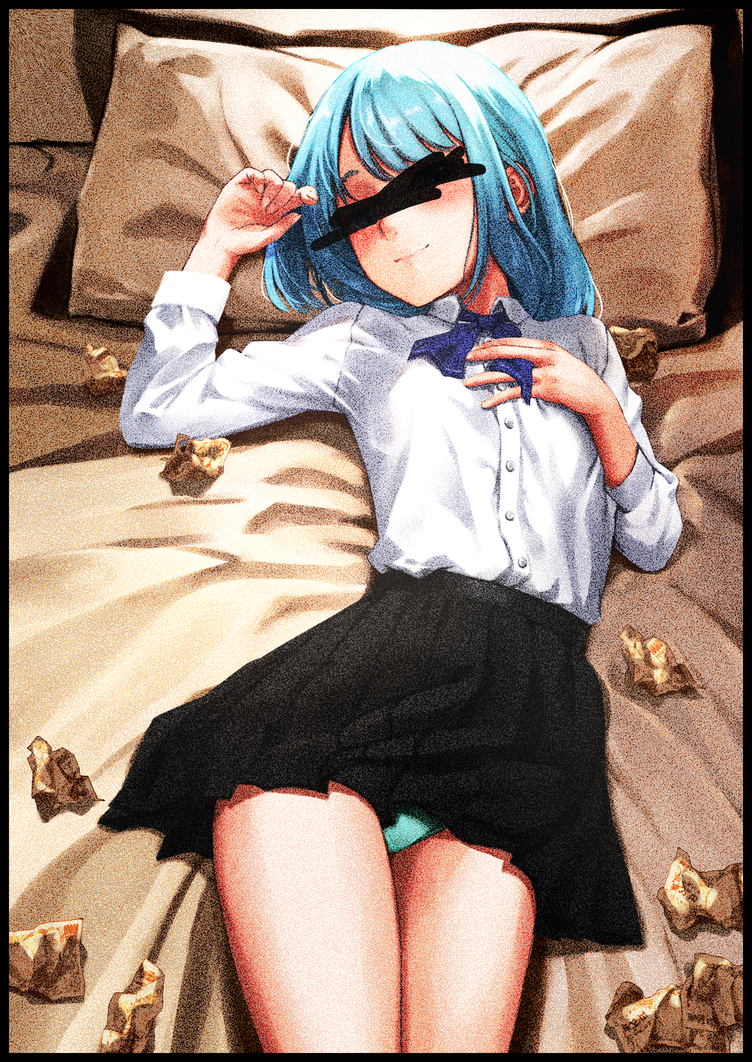 1girl alternate_costume ascot bar_censor black_border black_skirt blue_ascot blue_bow blue_bowtie blue_hair blue_panties blush border bow bowtie censored censored_identity closed_mouth collared_shirt dress_shirt hand_on_own_chest long_sleeves lying medium_hair miniskirt mutsumura_ryuuichi on_back on_bed original panties pantyshot pillow pleated_skirt school_uniform shirt shirt_tucked_in skirt smile solo traditional_media underwear used_tissue white_shirt