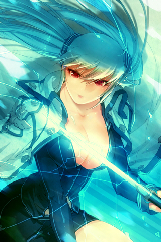 1girl belt blue_hair breasts cleavage coat female_focus large_breasts long_hair lowres luthica_preventer luticar open_clothes red_eyes skirt solo sword sword_girls weapon