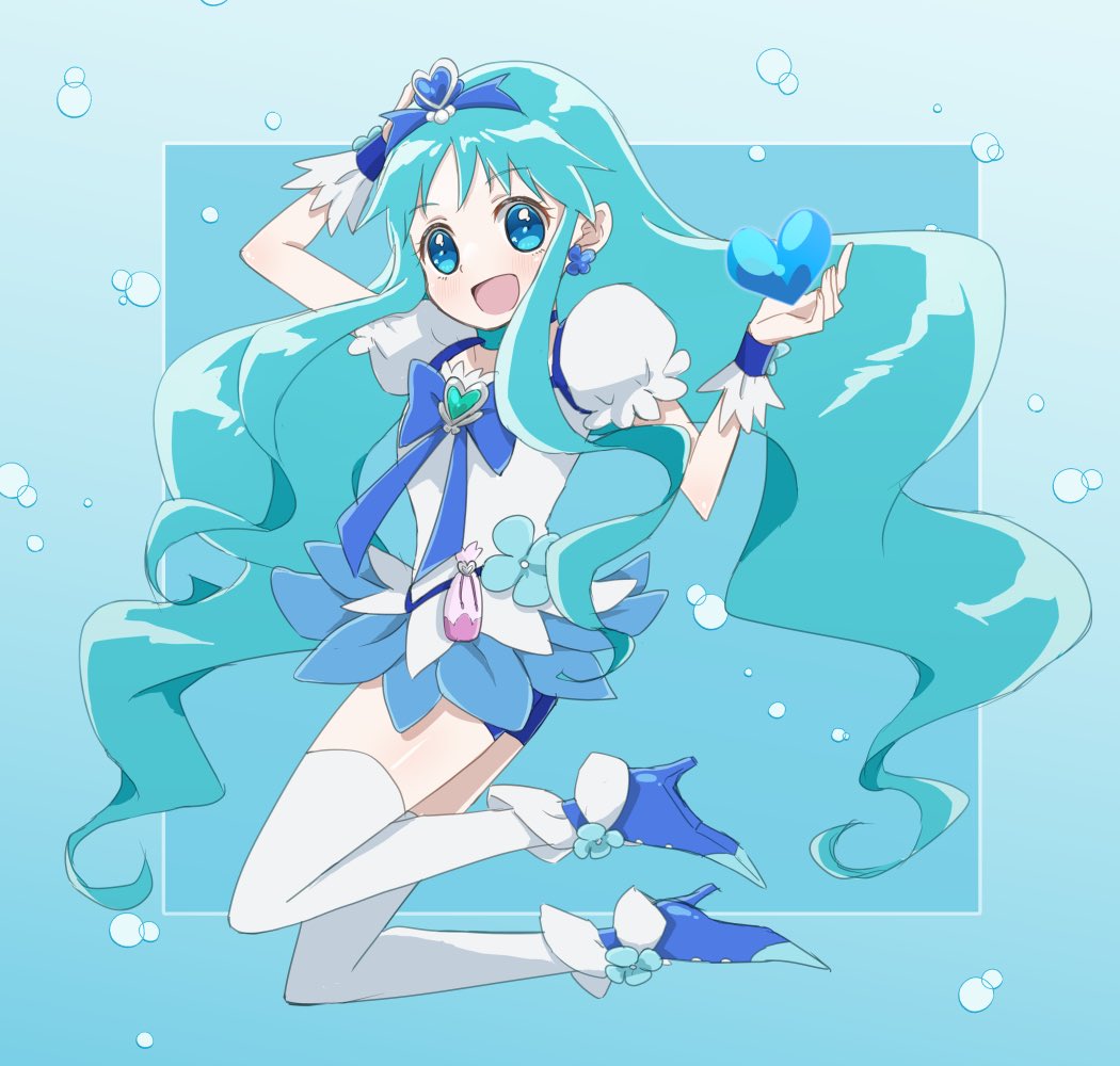 1girl blue_background blue_choker blue_eyes blue_hair blue_skirt blue_wrist_cuffs bow brooch choker cure_marine hagihara_riku hair_ornament heart heart_brooch heartcatch_precure! jewelry kurumi_erika long_hair magical_girl open_mouth precure ribbon skirt smile solo thighhighs wrist_cuffs